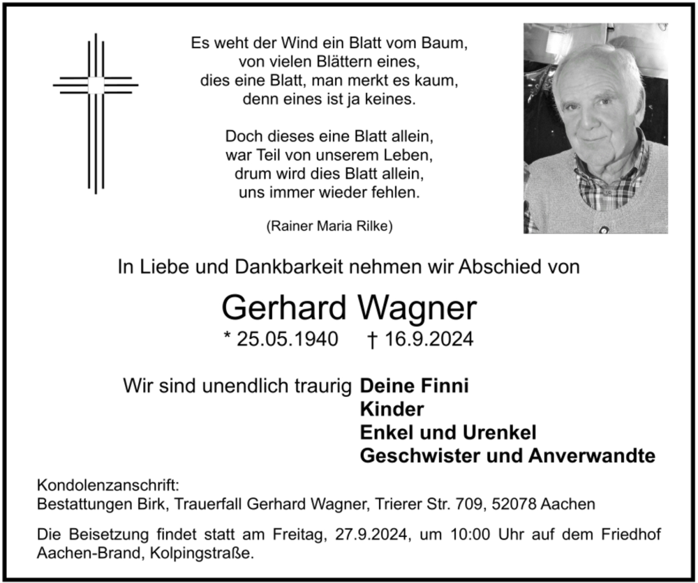  Traueranzeige für Gerhard Wagner vom 22.09.2024 aus Zeitung am Sonntag