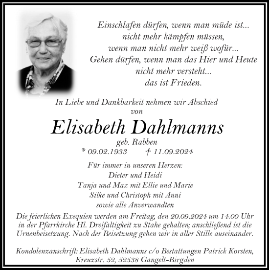 Traueranzeige von Elisabeth Dahlmanns von Zeitung am Sonntag