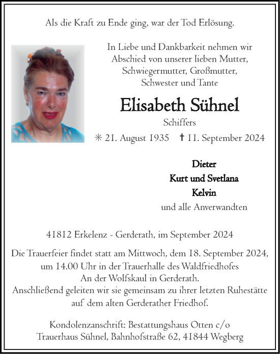 Traueranzeige von Elisabeth Sühnel von Zeitung am Sonntag