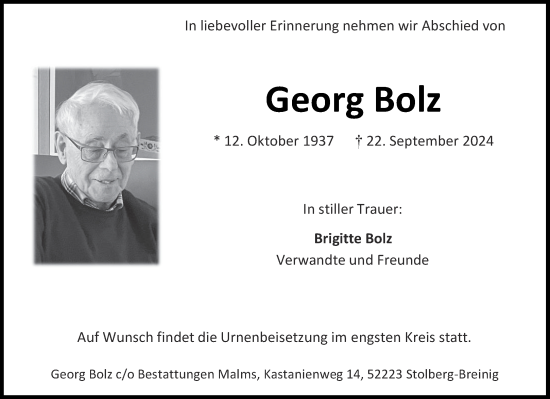 Traueranzeige von Georg Bolz von Aachener Zeitung