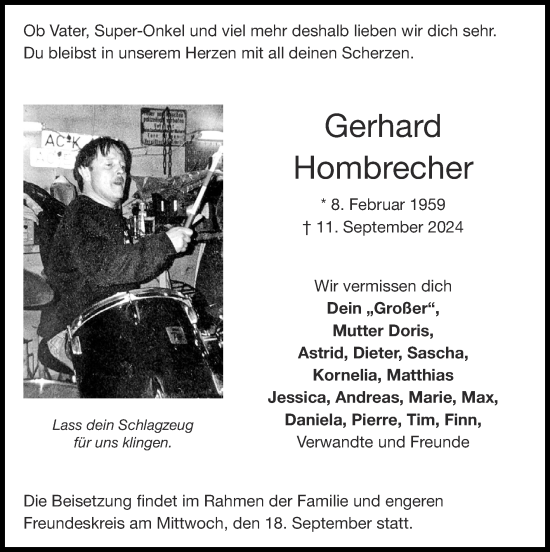 Traueranzeige von Gerhard Hombrecher von Zeitung am Sonntag