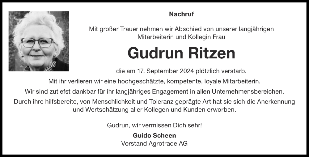  Traueranzeige für Gudrun Ritzen vom 28.09.2024 aus Aachener Zeitung