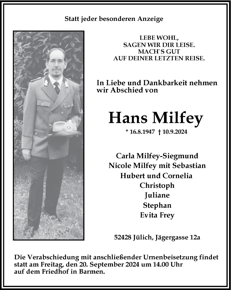  Traueranzeige für Hans Milfey vom 15.09.2024 aus Zeitung am Sonntag