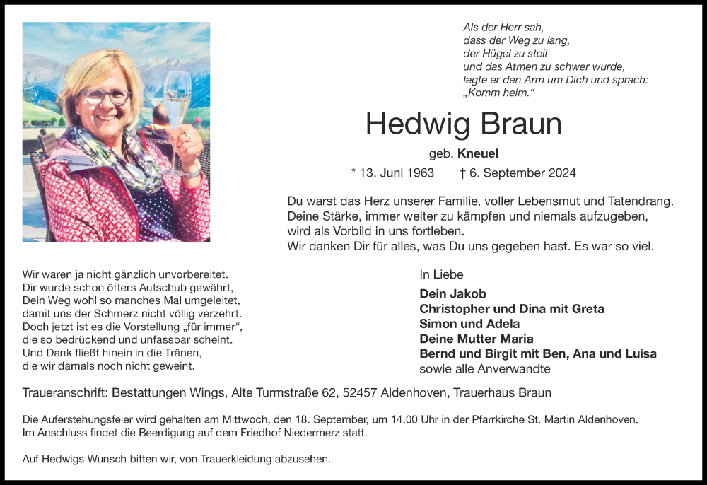  Traueranzeige für Hedwig Braun vom 15.09.2024 aus Zeitung am Sonntag