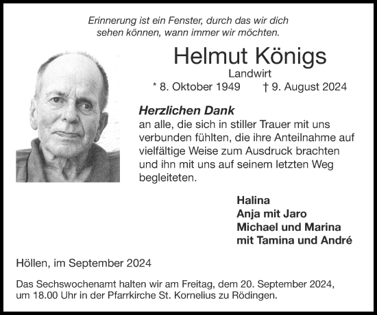 Traueranzeige von Helmut Königs von Zeitung am Sonntag