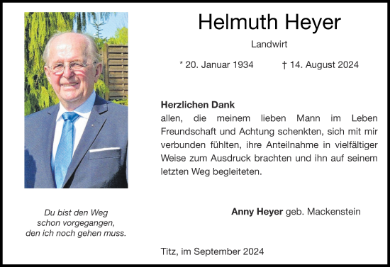 Traueranzeige von Helmuth Heyer von Zeitung am Sonntag