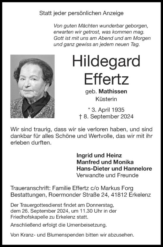 Traueranzeige von Hildegard Effertz von Zeitung am Sonntag