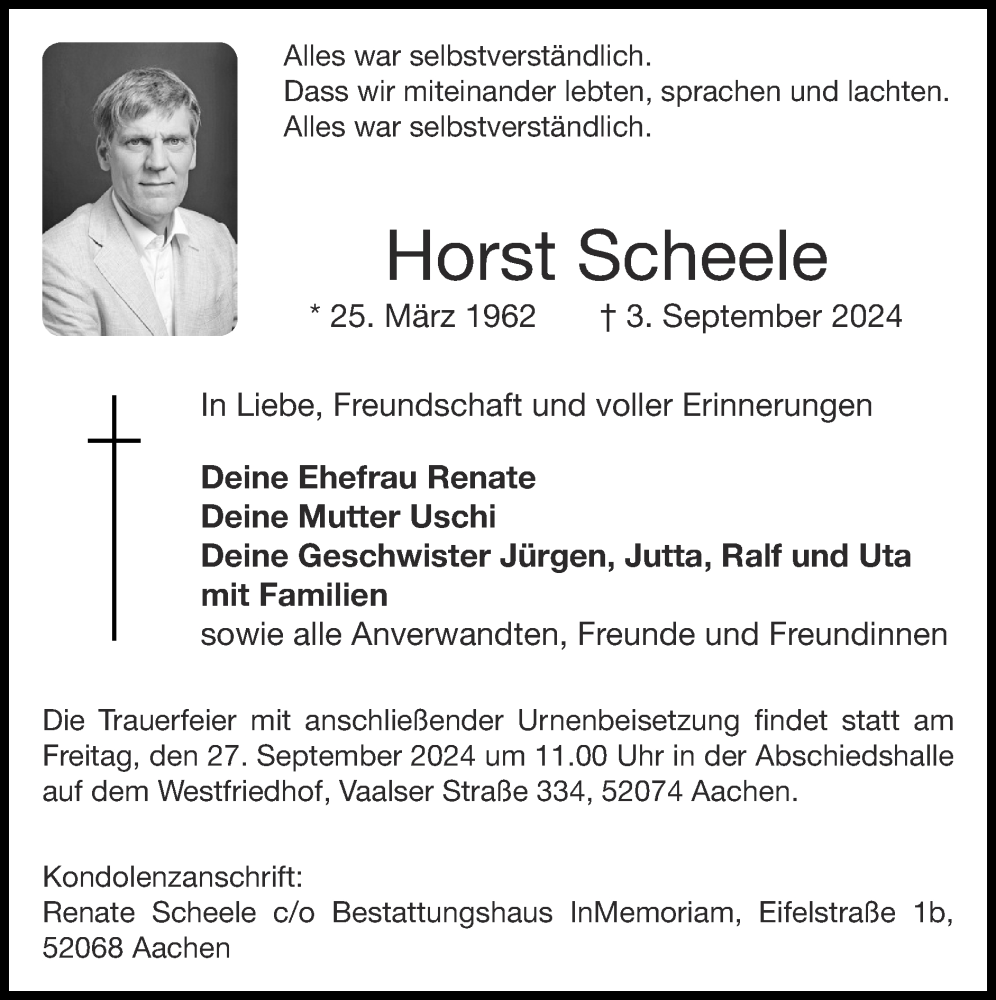  Traueranzeige für Horst Scheele vom 15.09.2024 aus Zeitung am Sonntag