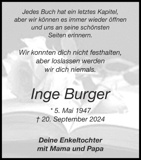 Traueranzeige von Inge Burger von Zeitung am Sonntag