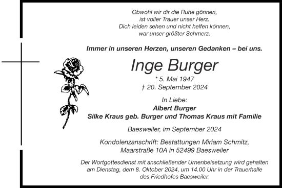 Traueranzeige von Inge Burger von Zeitung am Sonntag