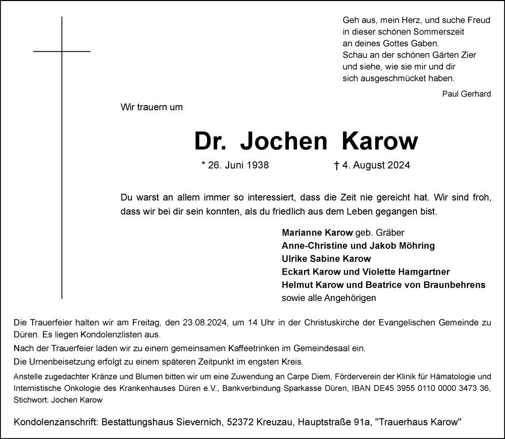  Traueranzeige für Jochen Karow vom 17.08.2024 aus Aachener Zeitung