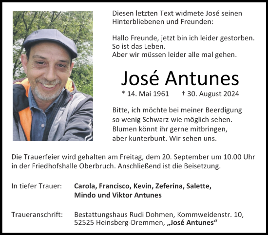 Traueranzeige von Jose Antunes von Zeitung am Sonntag