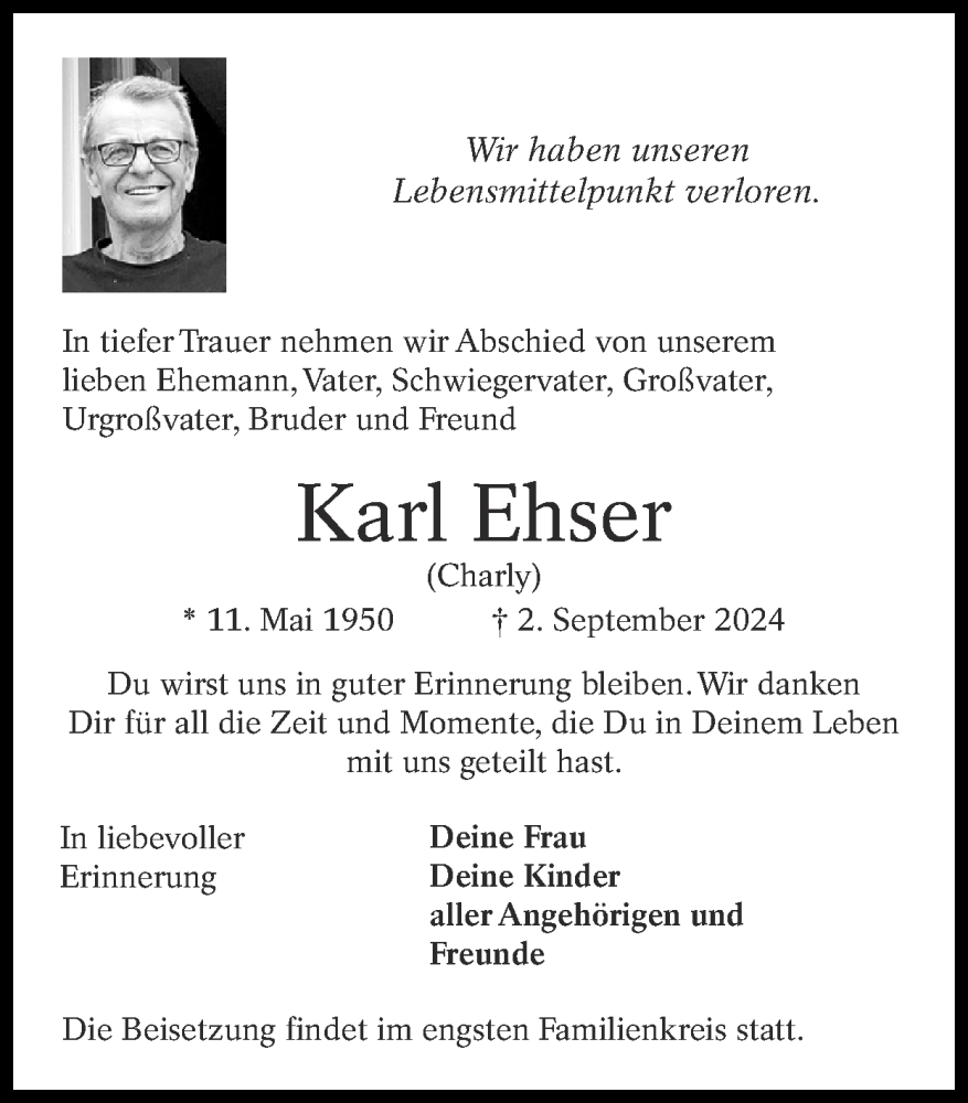  Traueranzeige für Karl Ehser vom 15.09.2024 aus Zeitung am Sonntag