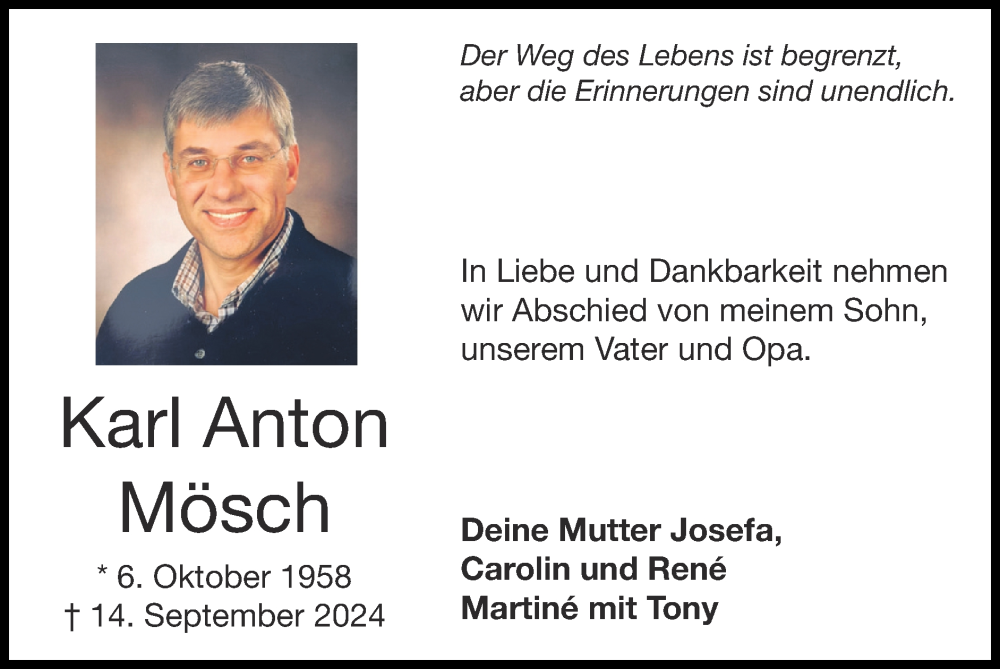  Traueranzeige für Karl Mösch vom 22.09.2024 aus Zeitung am Sonntag