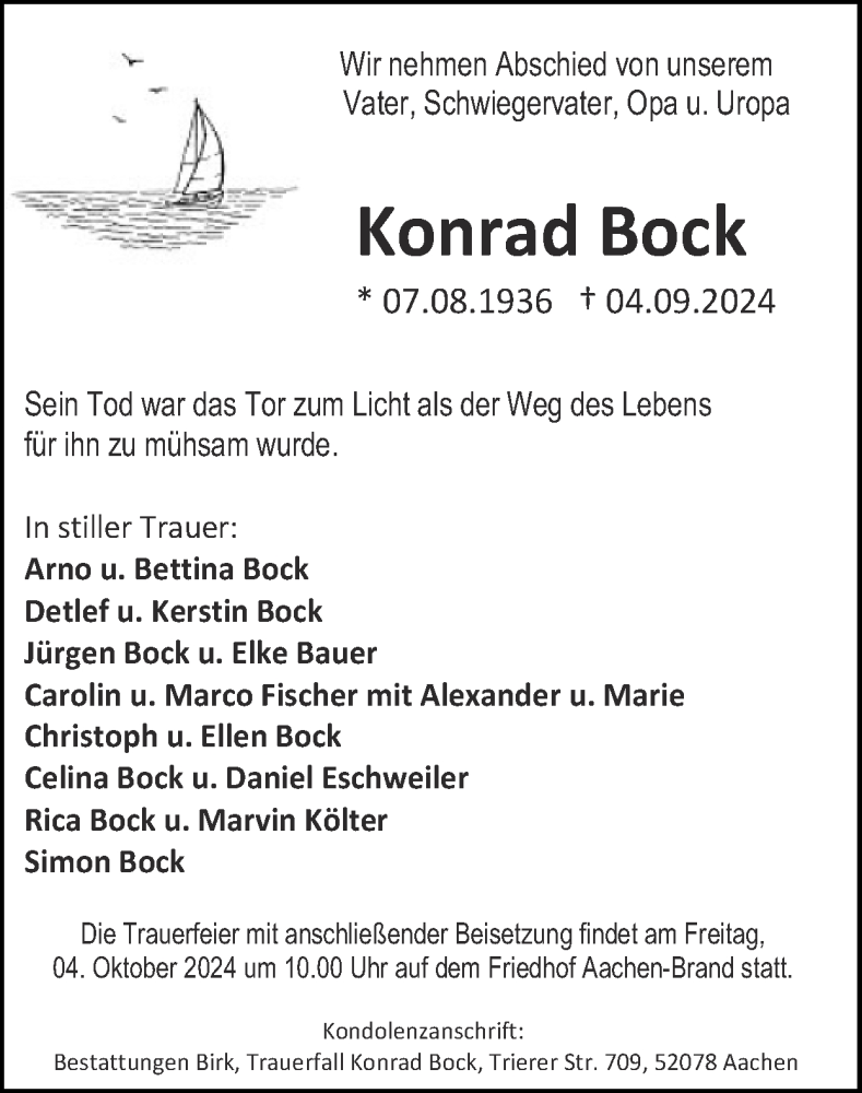  Traueranzeige für Konrad Bock vom 29.09.2024 aus Zeitung am Sonntag