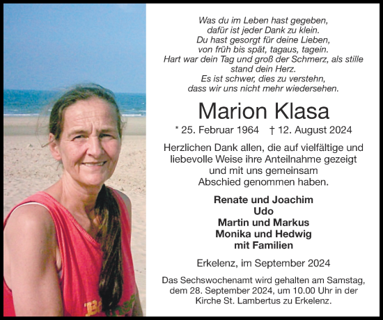 Traueranzeige von Marion Klasa von Zeitung am Sonntag