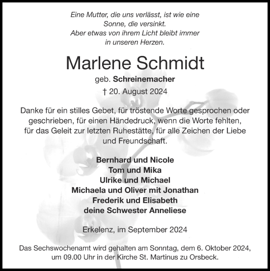 Traueranzeige von Marlene Schmidt von Zeitung am Sonntag