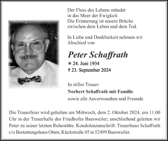 Traueranzeige von Peter Schaffrath von Zeitung am Sonntag