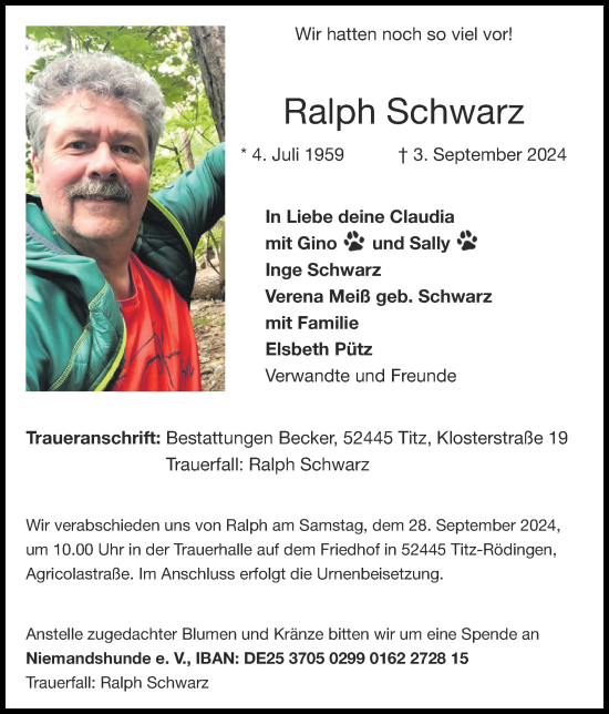 Traueranzeige von Ralph Schwarz von Zeitung am Sonntag