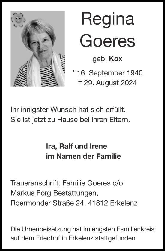 Traueranzeige von Regina Goeres von Zeitung am Sonntag