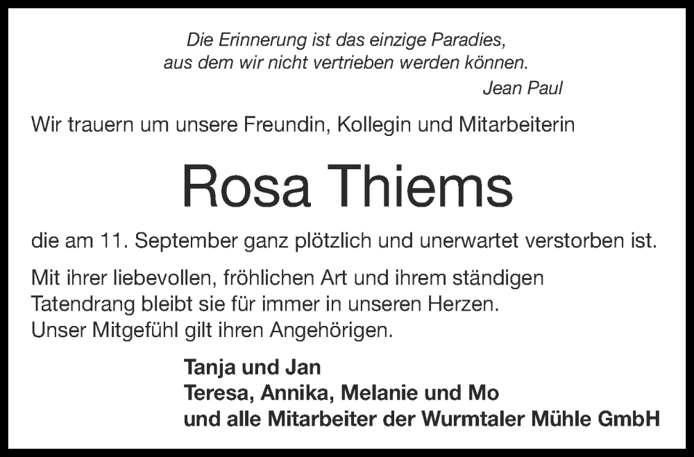  Traueranzeige für Rosa Thiems vom 14.09.2024 aus Aachener Zeitung