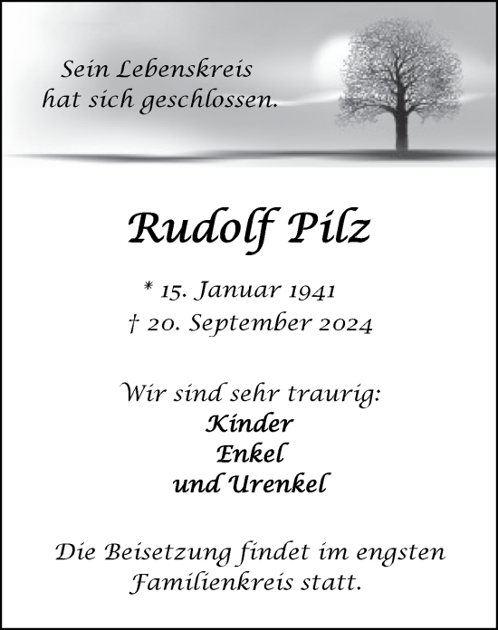 Traueranzeige von Rudolf Pilz von Zeitung am Sonntag