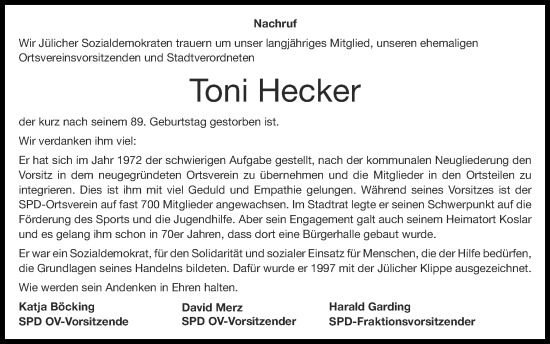 Traueranzeige von Toni Hecker von Zeitung am Sonntag