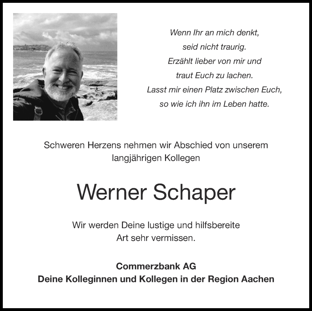  Traueranzeige für Werner Schaper vom 15.09.2024 aus Zeitung am Sonntag