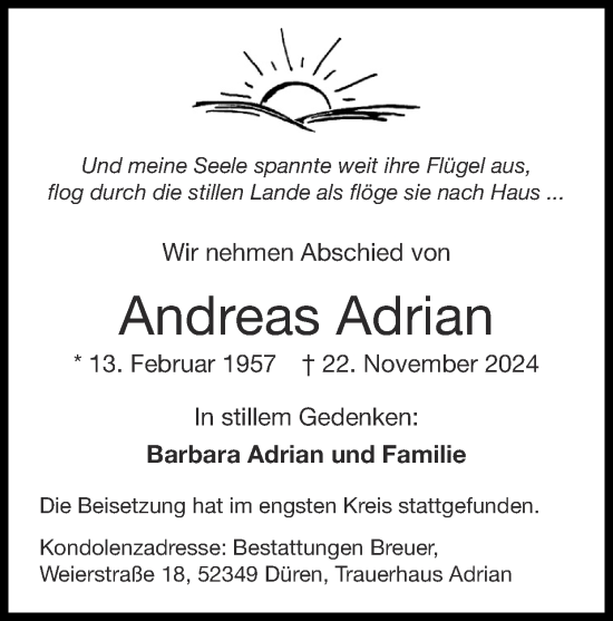 Traueranzeige von Andreas Adrian von Zeitung am Sonntag