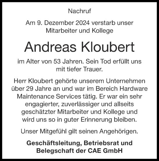 Traueranzeige von Andreas Kloubert von Zeitung am Sonntag