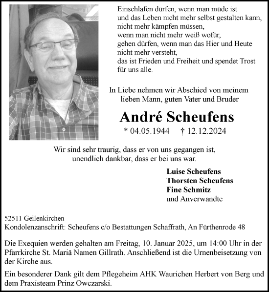 Traueranzeige von André Scheufens von Zeitung am Sonntag