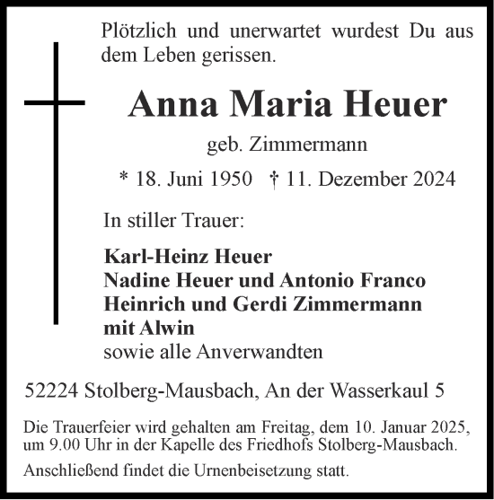 Traueranzeige von Anna Maria Heuer von Zeitung am Sonntag