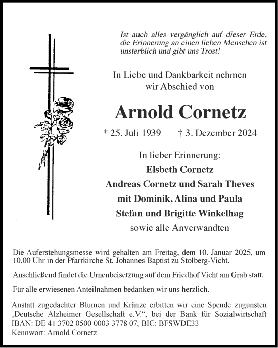 Traueranzeige von Arnold Cornetz von Zeitung am Sonntag