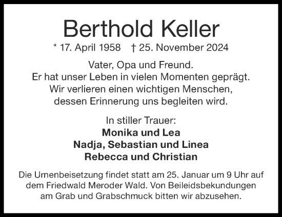 Traueranzeige von Berthold Keller von Zeitung am Sonntag