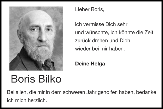 Traueranzeige von Boris Bilko von Zeitung am Sonntag