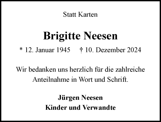 Traueranzeige von Brigitte Neesen von Zeitung am Sonntag