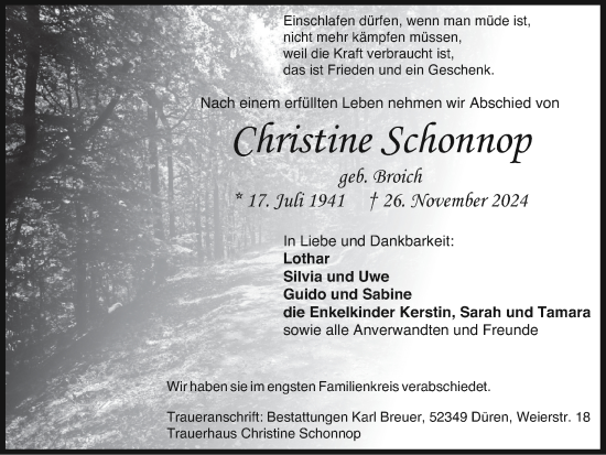 Traueranzeige von Christine Schonnop von Zeitung am Sonntag