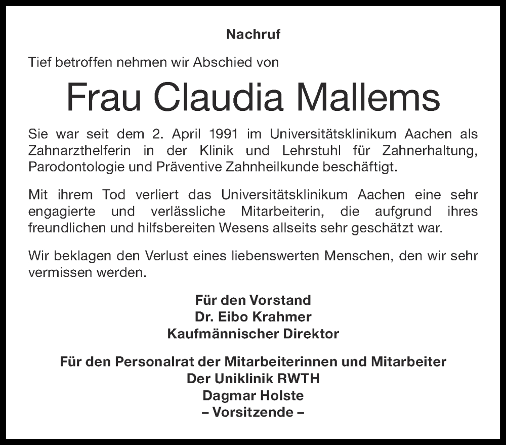  Traueranzeige für Claudia Mallems vom 11.01.2025 aus Aachener Zeitung