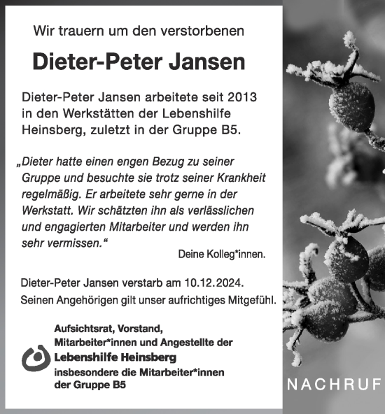 Traueranzeige von Dieter-Peter Jansen von Zeitung am Sonntag