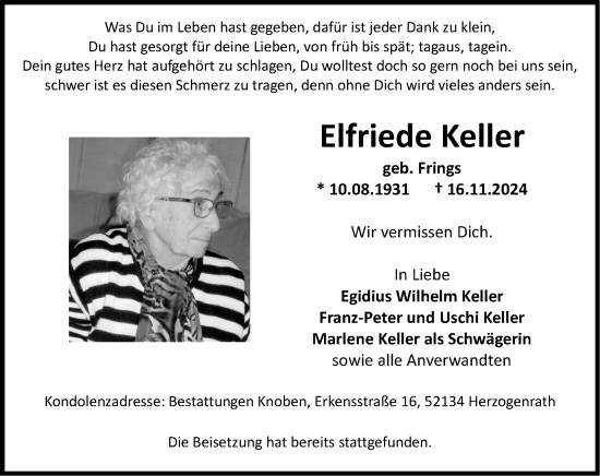 Traueranzeige von Elfriede Keller von Zeitung am Sonntag