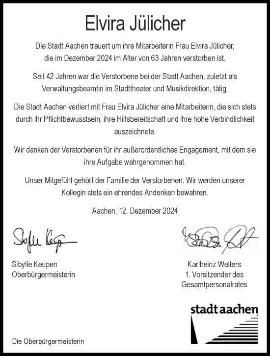 Traueranzeige von Elvira Jülicher von Aachener Zeitung