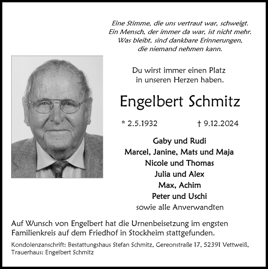 Traueranzeige von Engelbert Schmitz von Zeitung am Sonntag