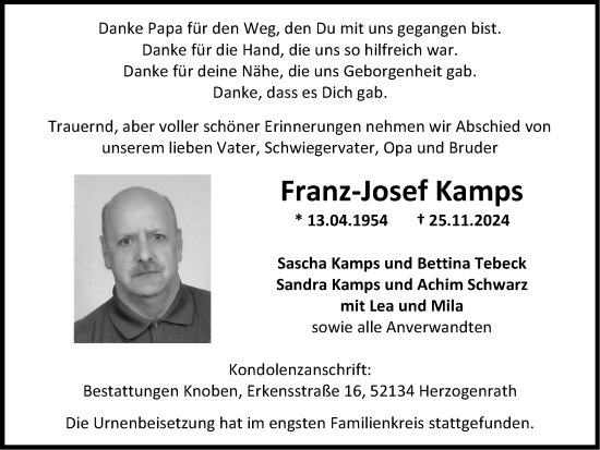 Traueranzeige von Franz-Josef Kamps von Zeitung am Sonntag