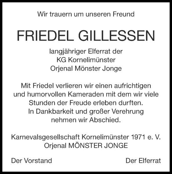 Traueranzeige von Friedel Gillessen von Zeitung am Sonntag