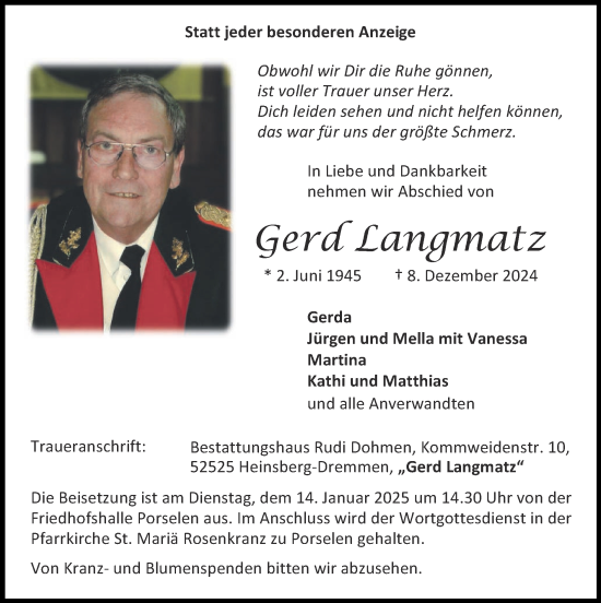 Traueranzeige von Gerd Langmatz von Zeitung am Sonntag