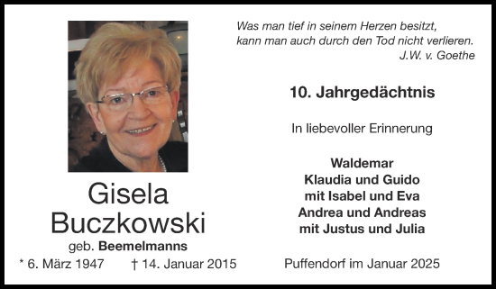 Traueranzeige von Gisela Buczkowski von Zeitung am Sonntag