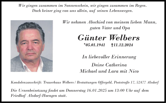 Traueranzeige von Günter Welbers von Zeitung am Sonntag