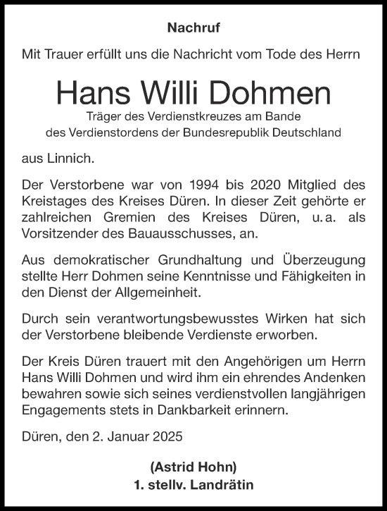 Traueranzeige von Hans  Dohmen von Aachener Zeitung