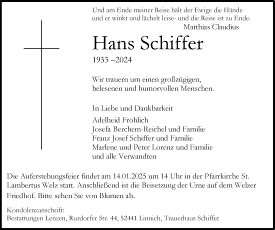 Traueranzeige von Hans Schiffer von Zeitung am Sonntag