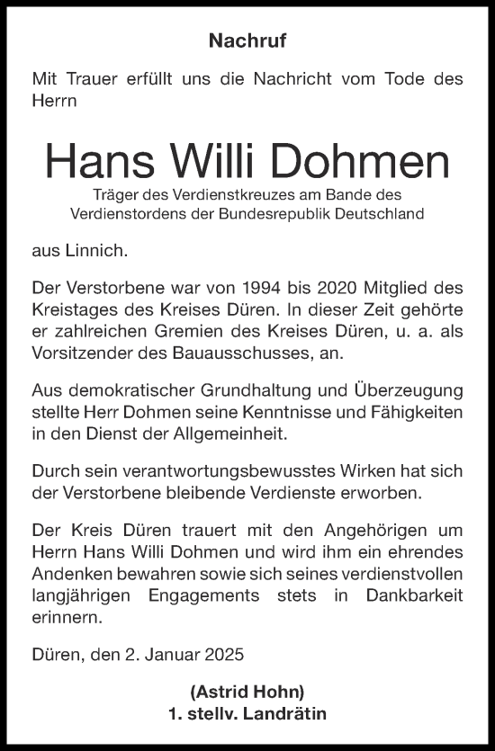 Traueranzeige von Hans Willi Dohmen von Zeitung am Sonntag